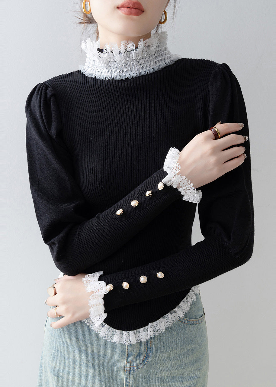 Stylish Black High Neck Lace Patchwork Knit Sweater Winter