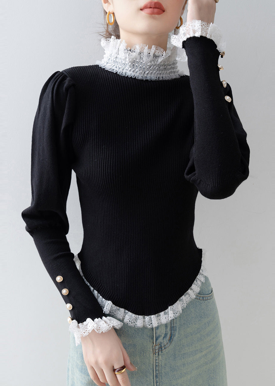 Stylish Black High Neck Lace Patchwork Knit Sweater Winter