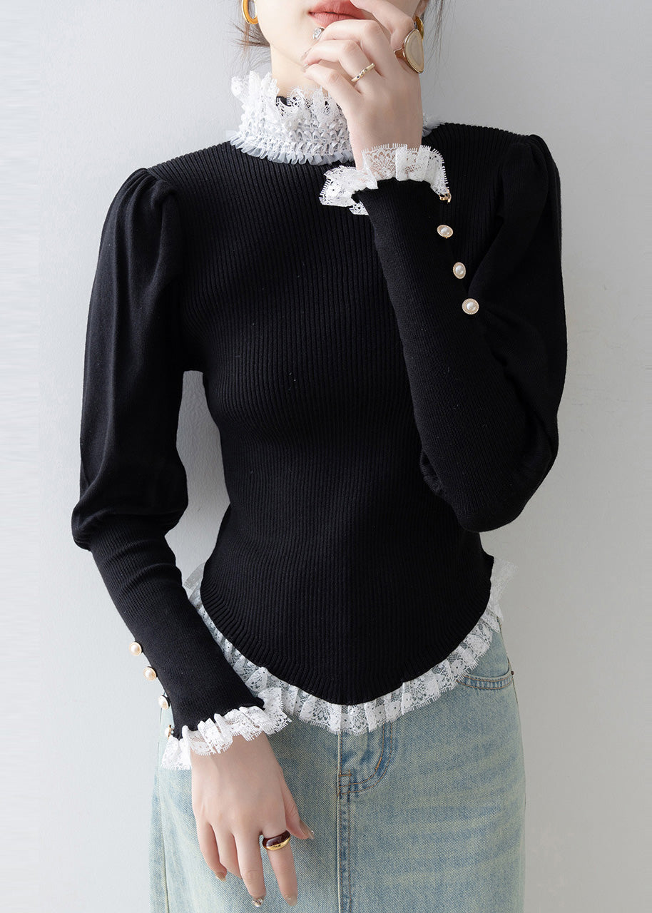 Stylish Black High Neck Lace Patchwork Knit Sweater Winter