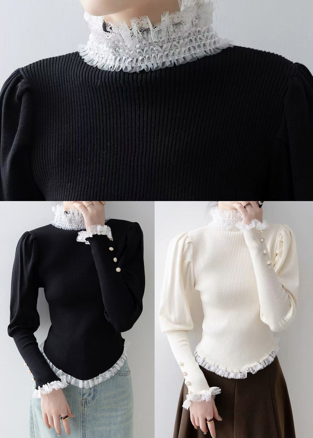 Stylish Black High Neck Lace Patchwork Knit Sweater Winter