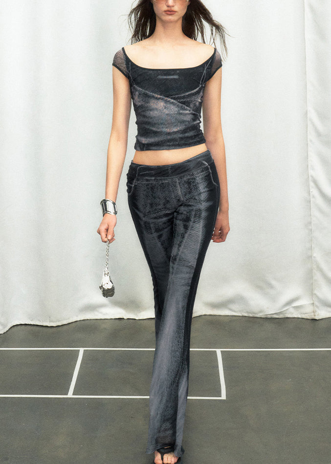 Stylish Black Ice Silk Vest And Flare Jeans Two Pieces Set Sleeveless