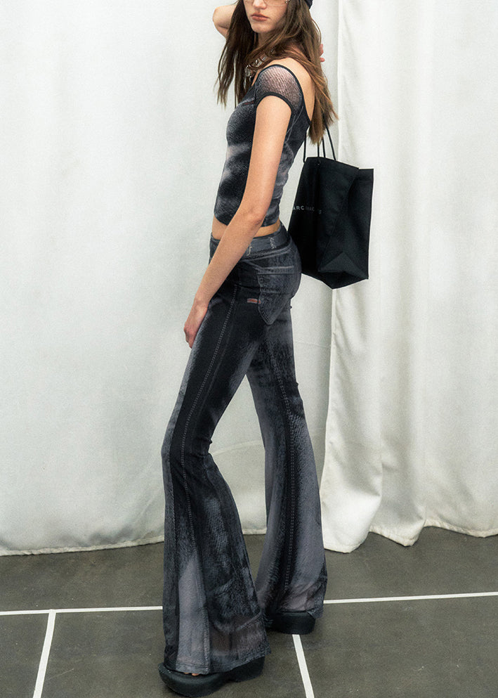 Stylish Black Ice Silk Vest And Flare Jeans Two Pieces Set Sleeveless