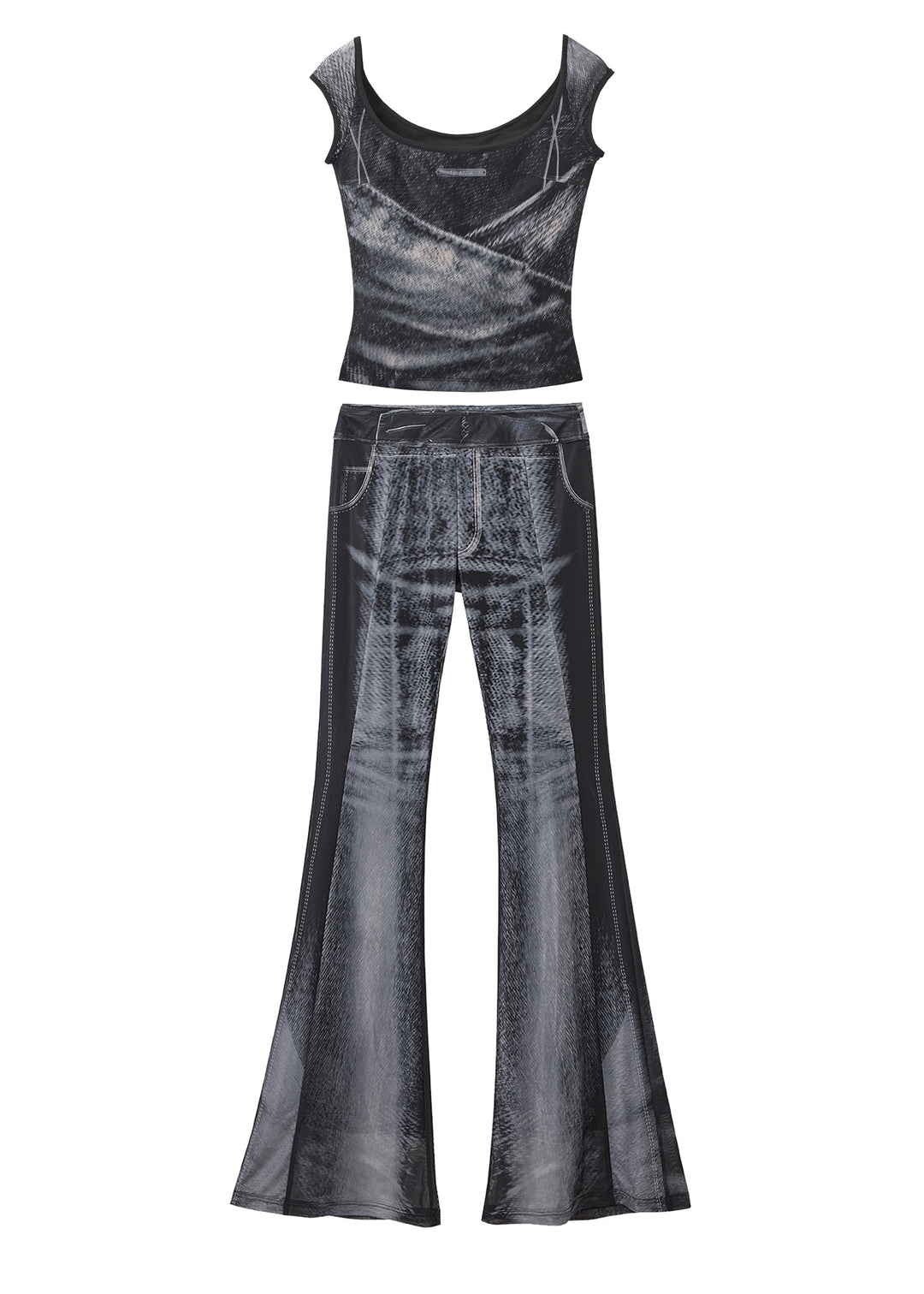 Stylish Black Ice Silk Vest And Flare Jeans Two Pieces Set Sleeveless