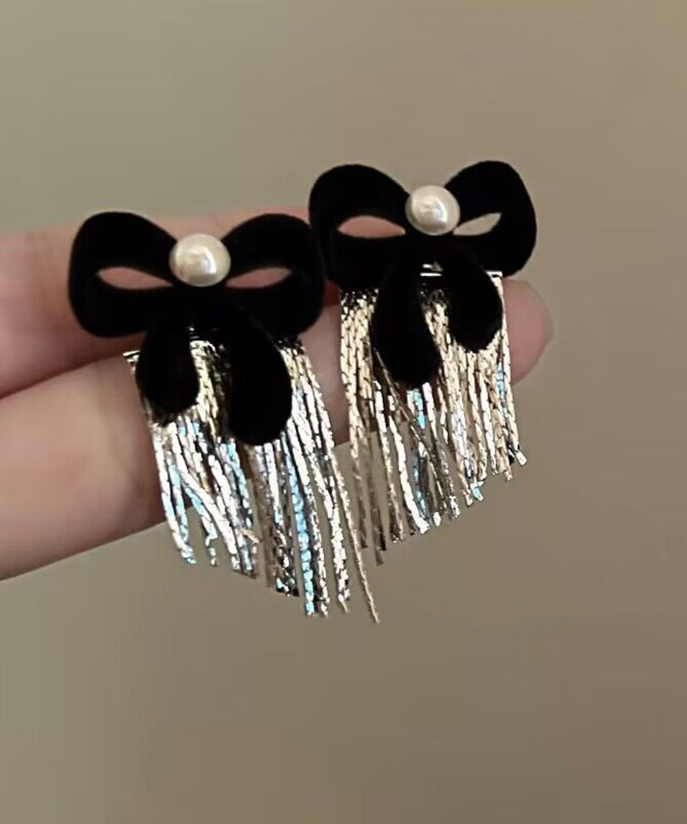 Stylish Black Imitation Pearl Alloy Bow Tassel Drop Earrings