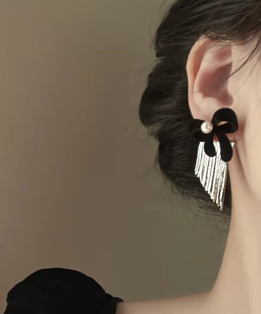Stylish Black Imitation Pearl Alloy Bow Tassel Drop Earrings