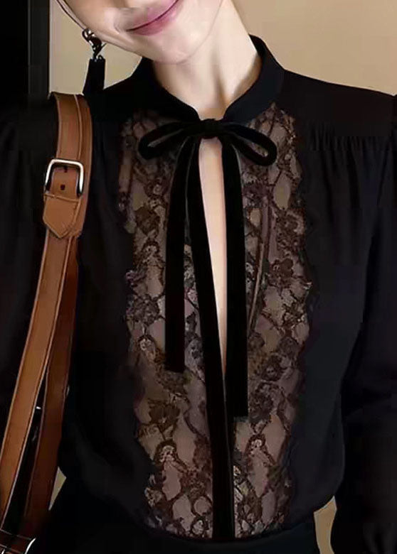 Stylish Black Lace Patchwork Chiffon Shirt Long Sleeve