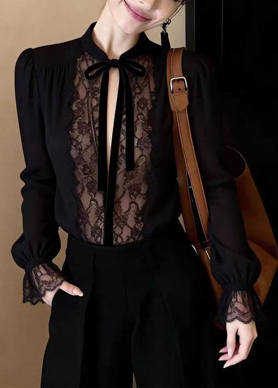 Stylish Black Lace Patchwork Chiffon Shirt Long Sleeve