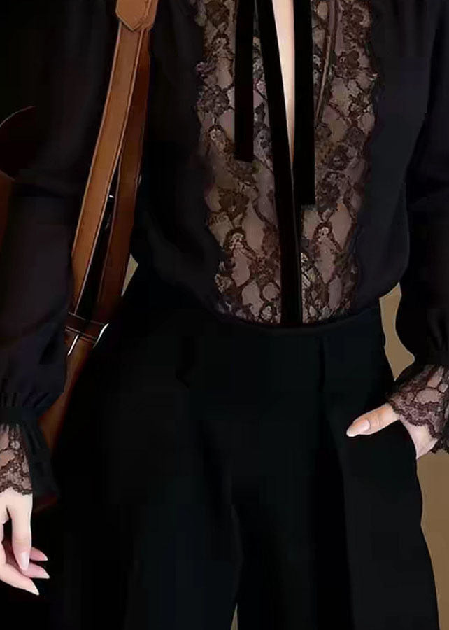 Stylish Black Lace Patchwork Chiffon Shirt Long Sleeve