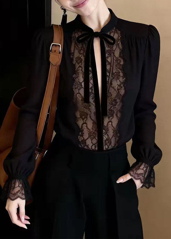 Stylish Black Lace Patchwork Chiffon Shirt Long Sleeve