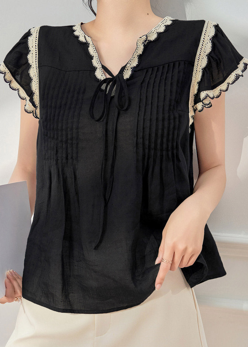 Stylish Black Lace Patchwork Tie Lace T Shirt Short Sleeve
