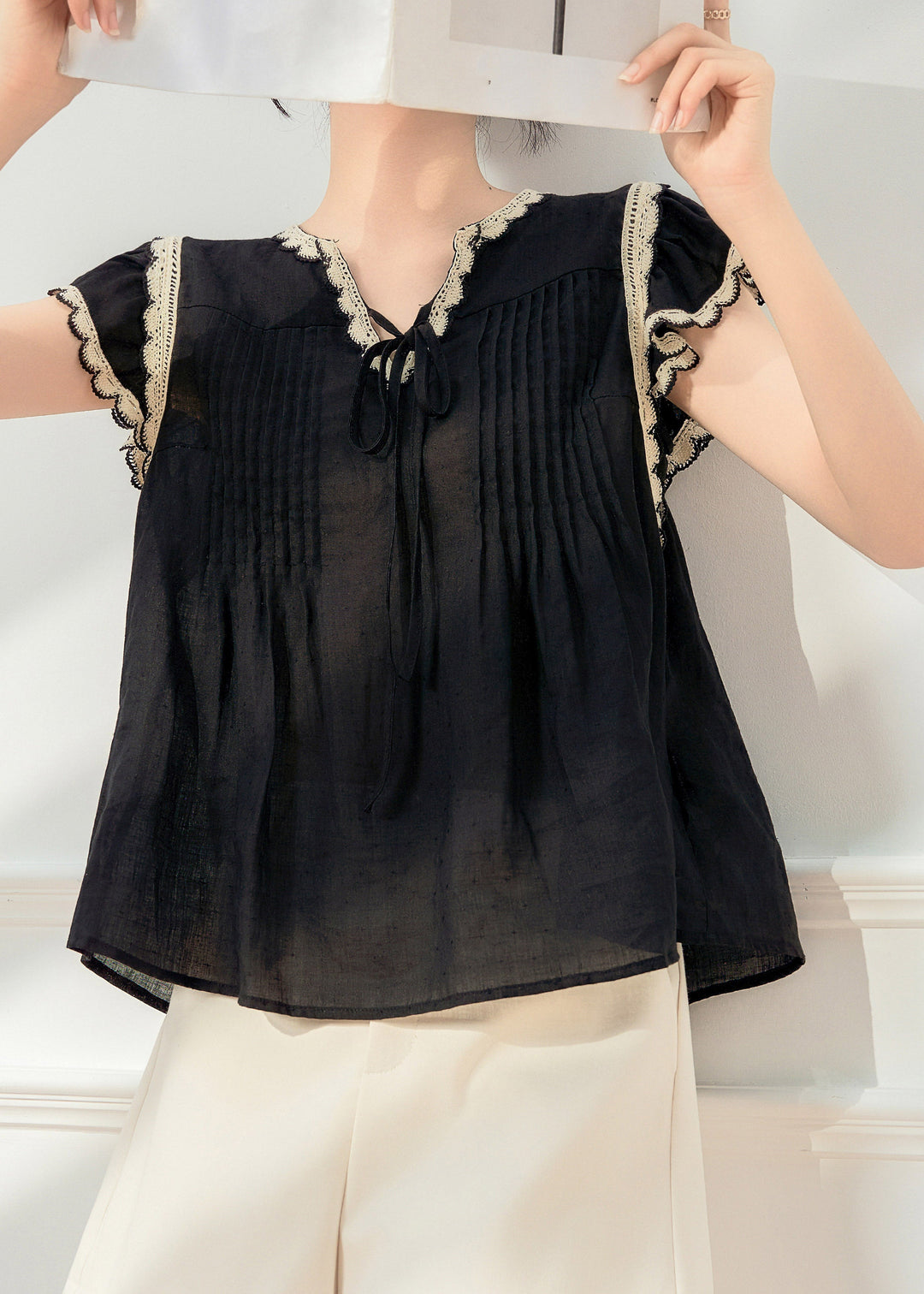 Stylish Black Lace Patchwork Tie Lace T Shirt Short Sleeve