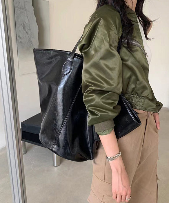 Stylish Black Large Capacity Solid Durable Faux Leather Bucket Bag