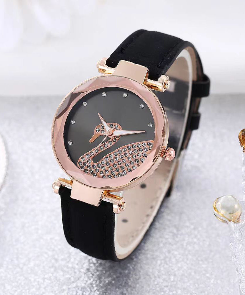 Stylish Black Leather Zircon Swan Starry Sky Watches