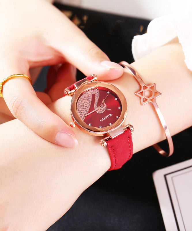 Stylish Black Leather Zircon Swan Starry Sky Watches