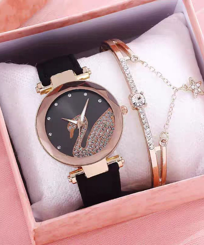 Stylish Black Leather Zircon Swan Starry Sky Watches