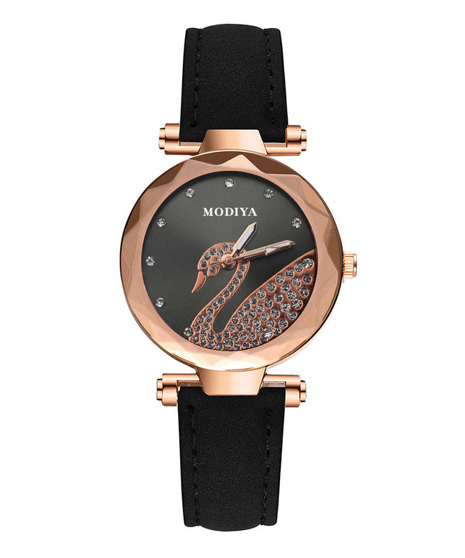 Stylish Black Leather Zircon Swan Starry Sky Watches