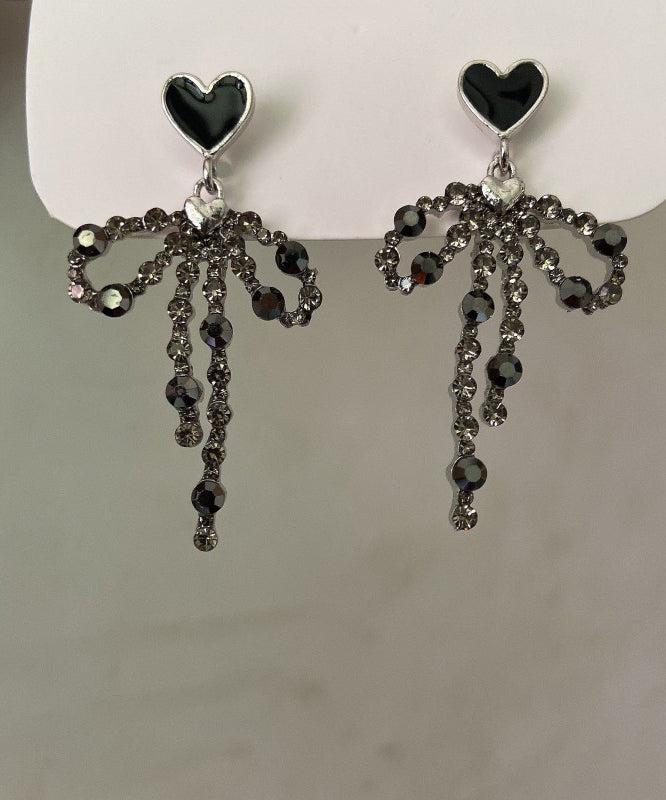 Stylish Black Metal Love Bow Tassel Drop Earrings