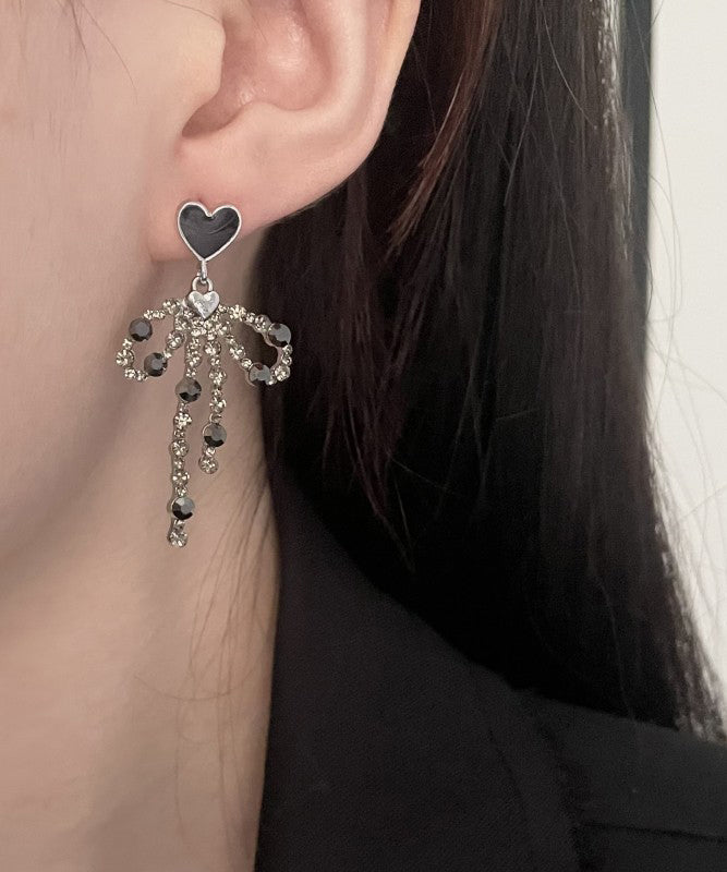Stylish Black Metal Love Bow Tassel Drop Earrings