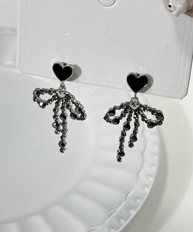 Stylish Black Metal Love Bow Tassel Drop Earrings