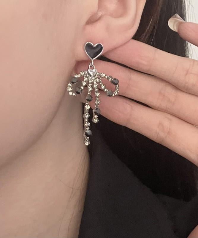 Stylish Black Metal Love Bow Tassel Drop Earrings