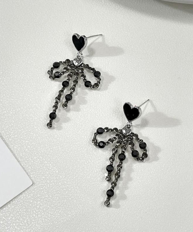 Stylish Black Metal Love Bow Tassel Drop Earrings