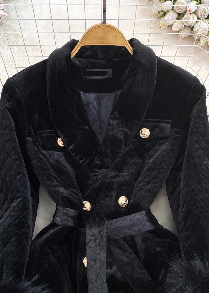 Stylish Black Notched Button Warm Silk Velvet Jacket Winter