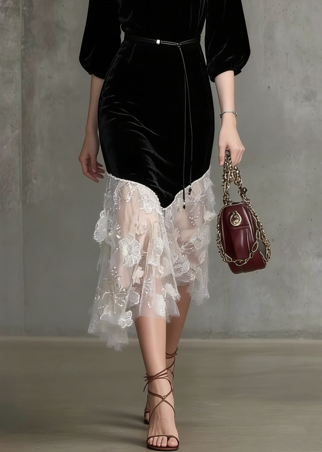 Stylish Black O Neck Embroidered Patchwork Velvet Dress Spring