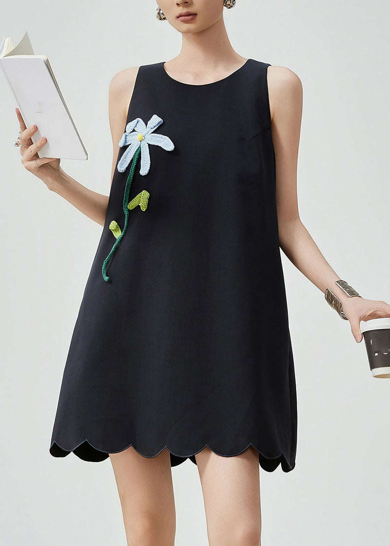 Stylish Black O-Neck Floral Mid Dress Sleeveless