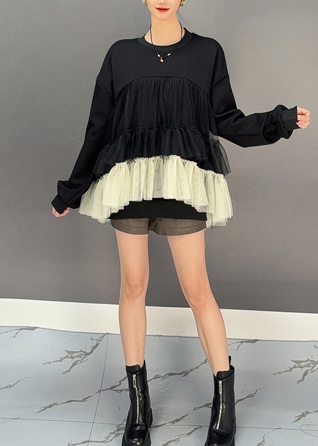 Stylish Black O-Neck Patchwork Wrinkled Shirt Spring