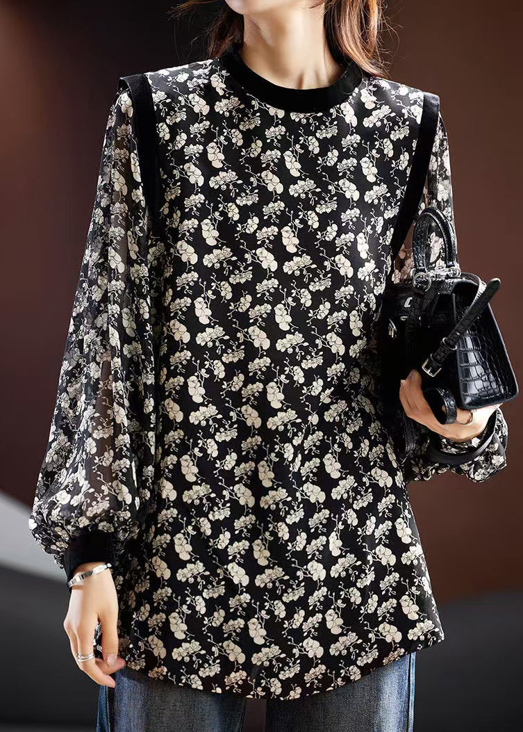 Stylish Black O Neck Print Chiffon Blouse Fall