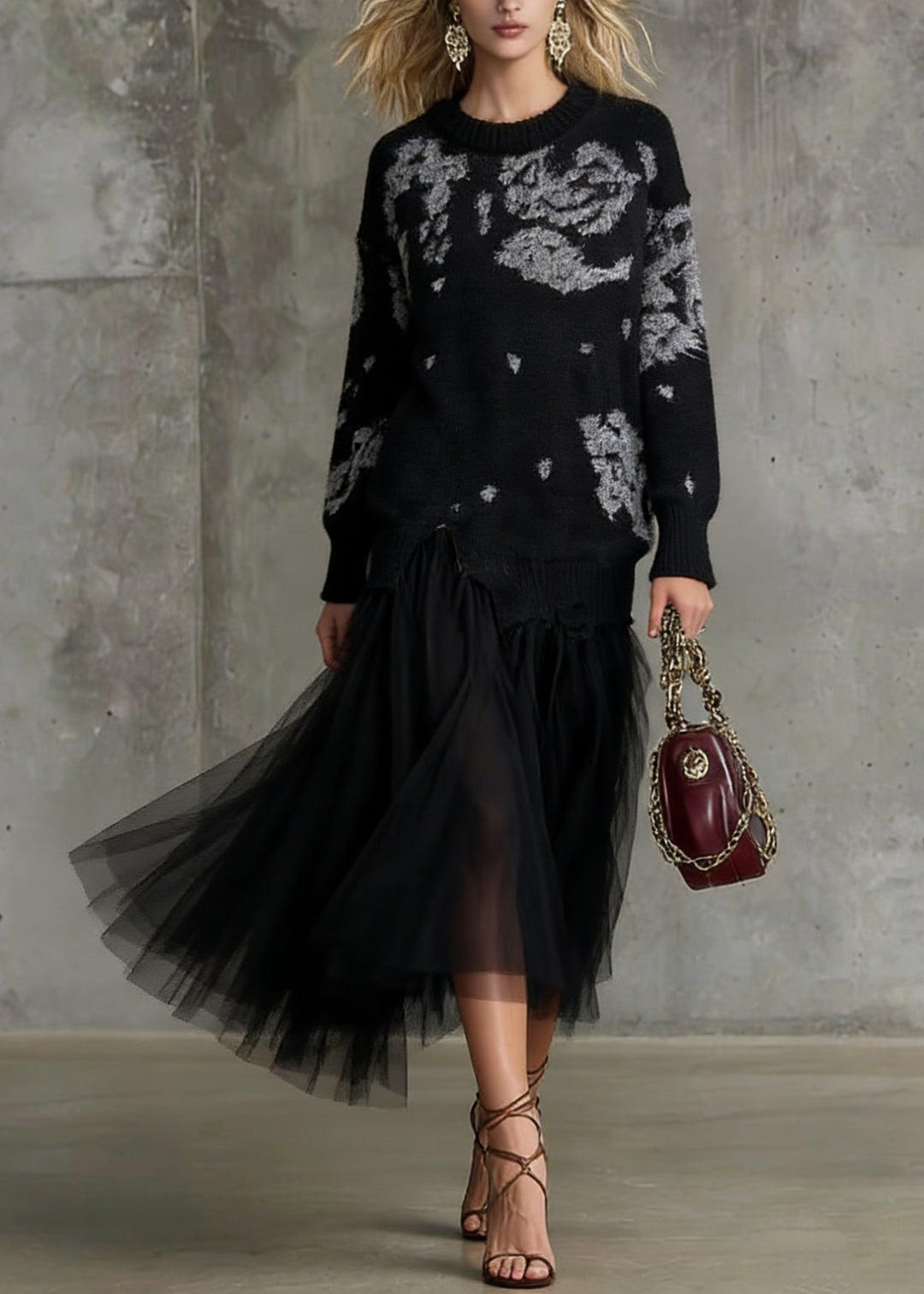 Stylish Black O Neck Print Tulle Patchwork Long Knit Dress Spring - Omychic
