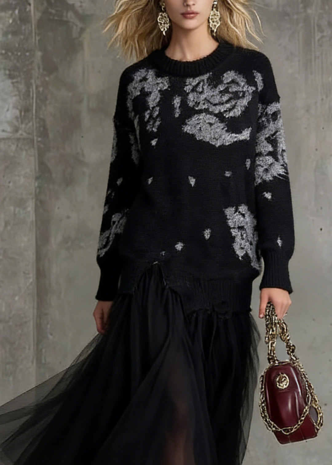 Stylish Black O Neck Print Tulle Patchwork Long Knit Dress Spring - Omychic