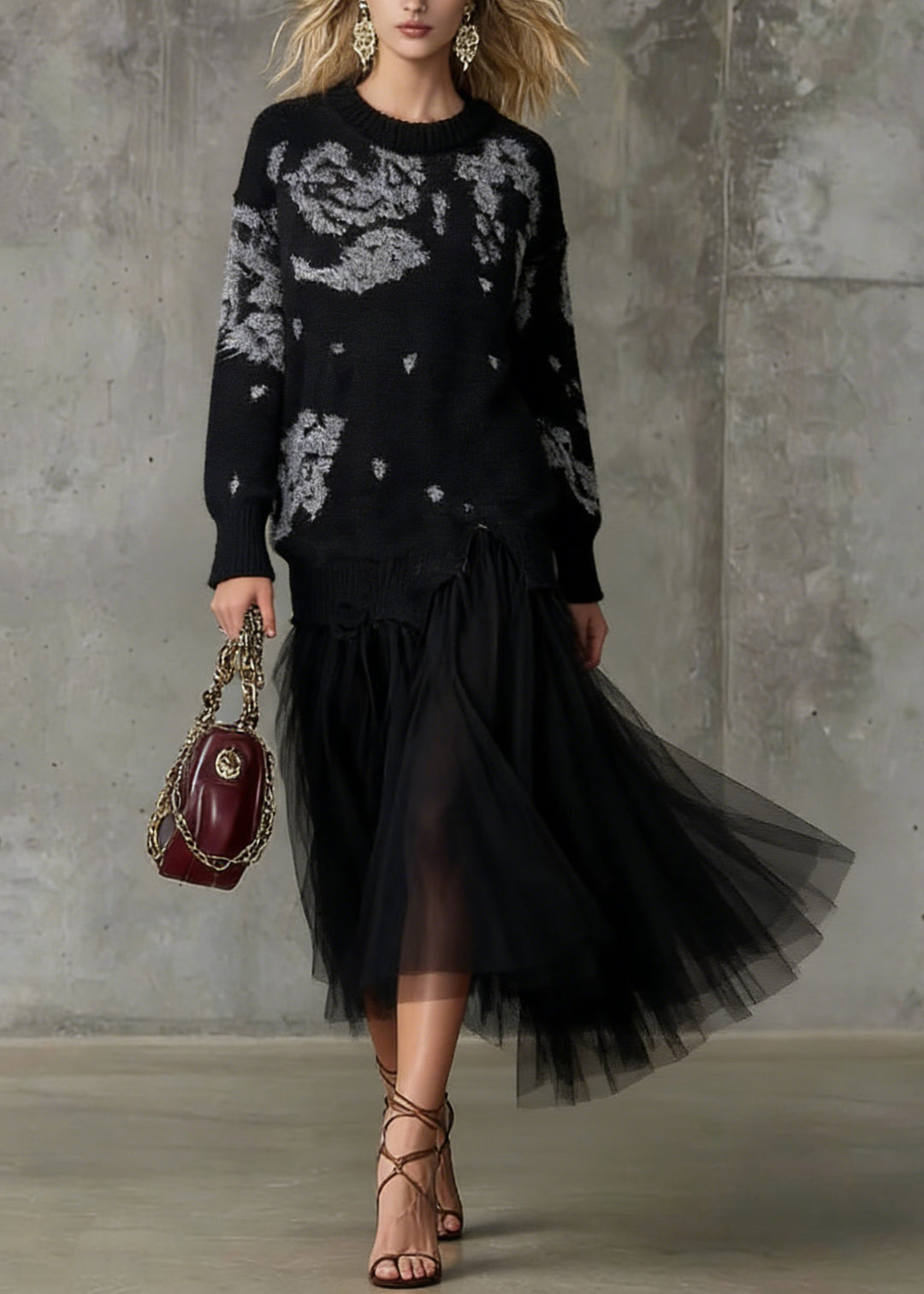 Stylish Black O Neck Print Tulle Patchwork Long Knit Dress Spring - Omychic