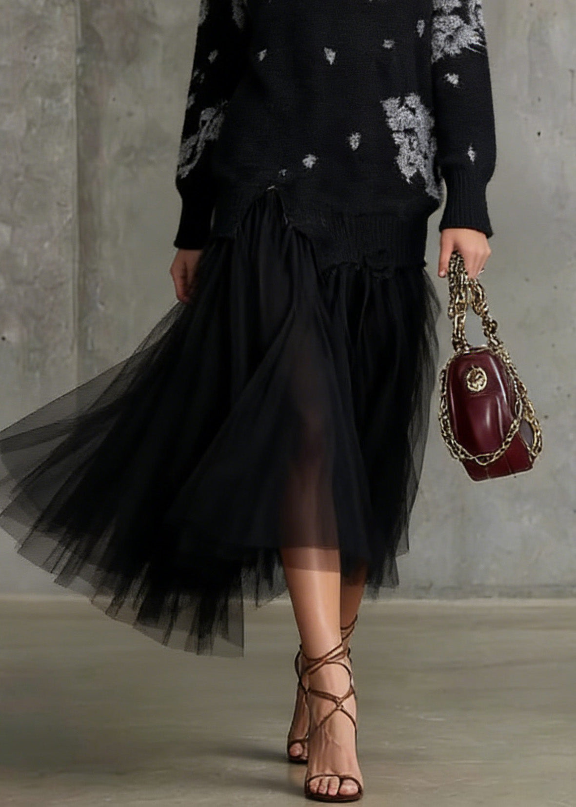 Stylish Black O Neck Print Tulle Patchwork Long Knit Dress Spring - Omychic