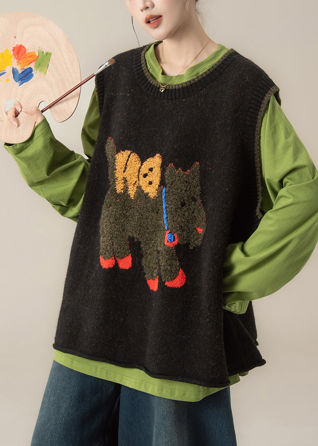 Stylish Black O-Neck Thick Cotton Knit Waistcoat Top Winter