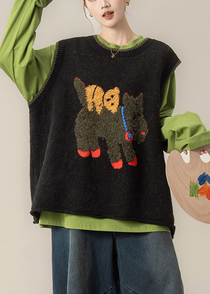 Stylish Black O-Neck Thick Cotton Knit Waistcoat Top Winter