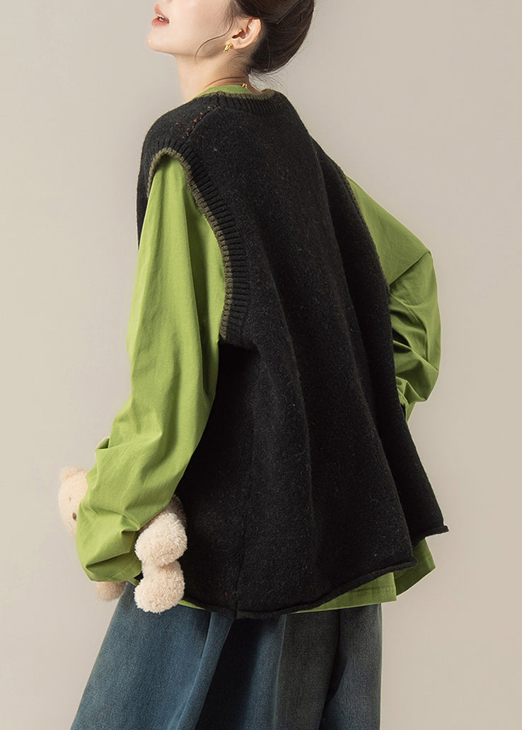 Stylish Black O-Neck Thick Cotton Knit Waistcoat Top Winter