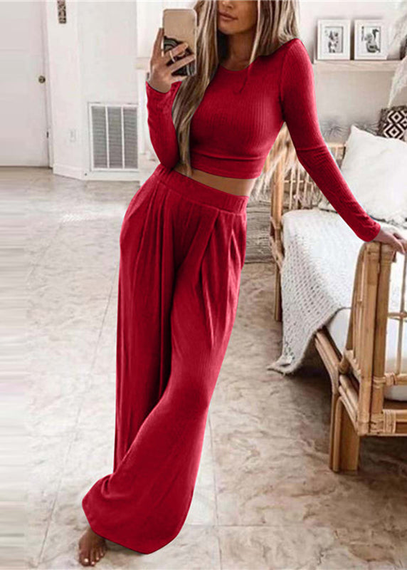 Stylish Black O-Neck Top And Wide Leg Pants Two Piece Set Long Sleeve