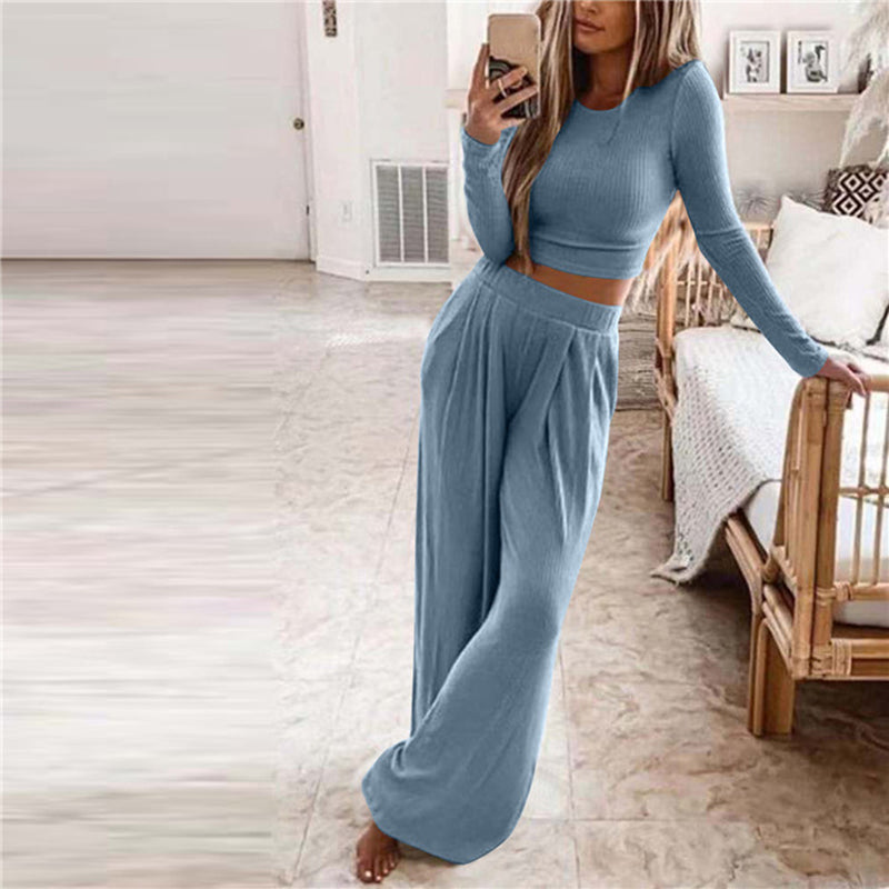Stylish Black O-Neck Top And Wide Leg Pants Two Piece Set Long Sleeve