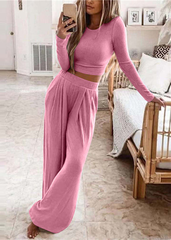 Stylish Black O-Neck Top And Wide Leg Pants Two Piece Set Long Sleeve