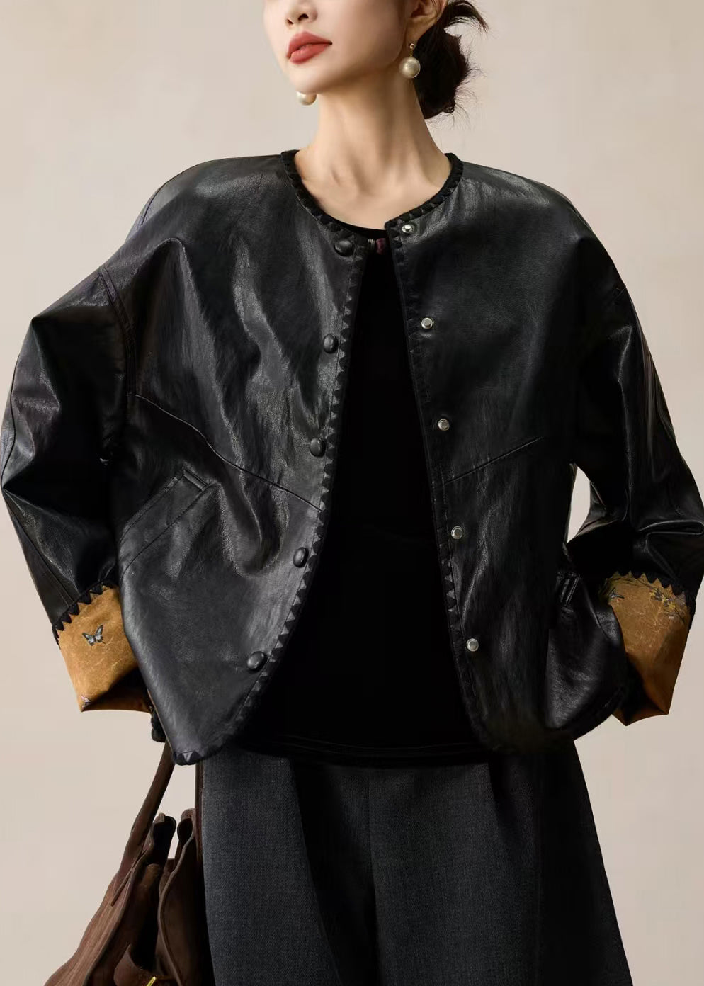 Stylish Black O Neck Wear On Both Sides Faux Leather Coat Spring