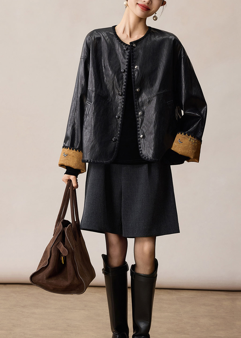 Stylish Black O Neck Wear On Both Sides Faux Leather Coat Spring