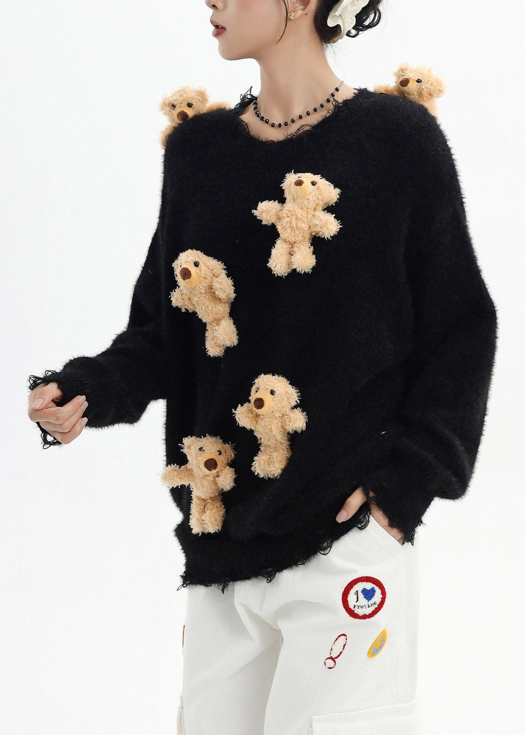Stylish Black Oversized Cute Bear Ripped Knitted Tops Winter