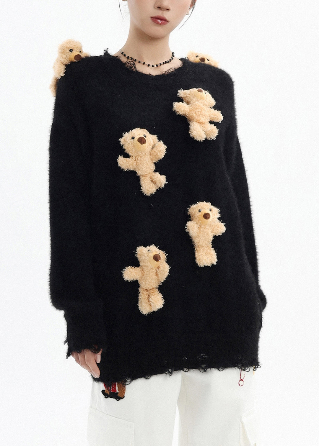 Stylish Black Oversized Cute Bear Ripped Knitted Tops Winter