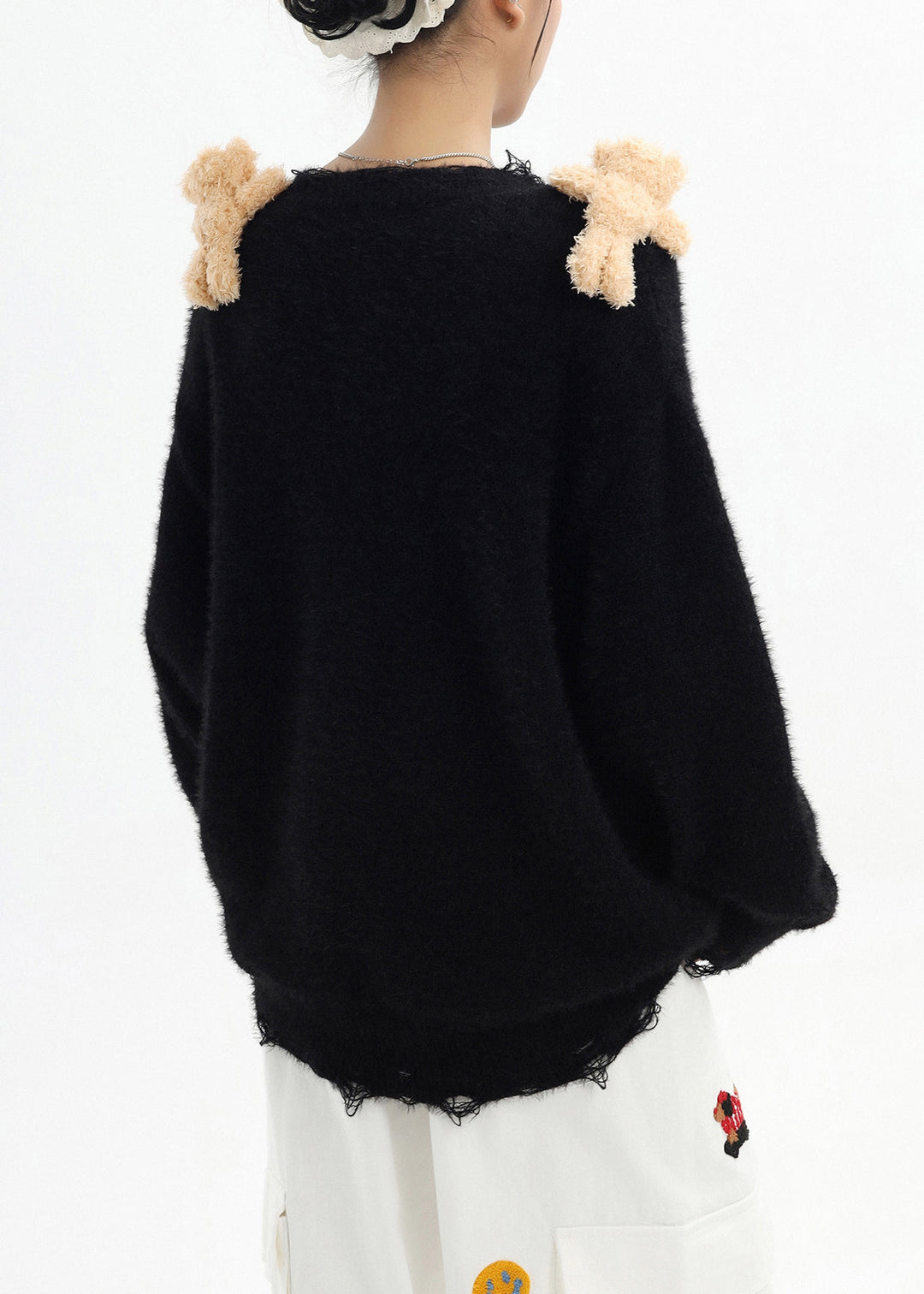 Stylish Black Oversized Cute Bear Ripped Knitted Tops Winter