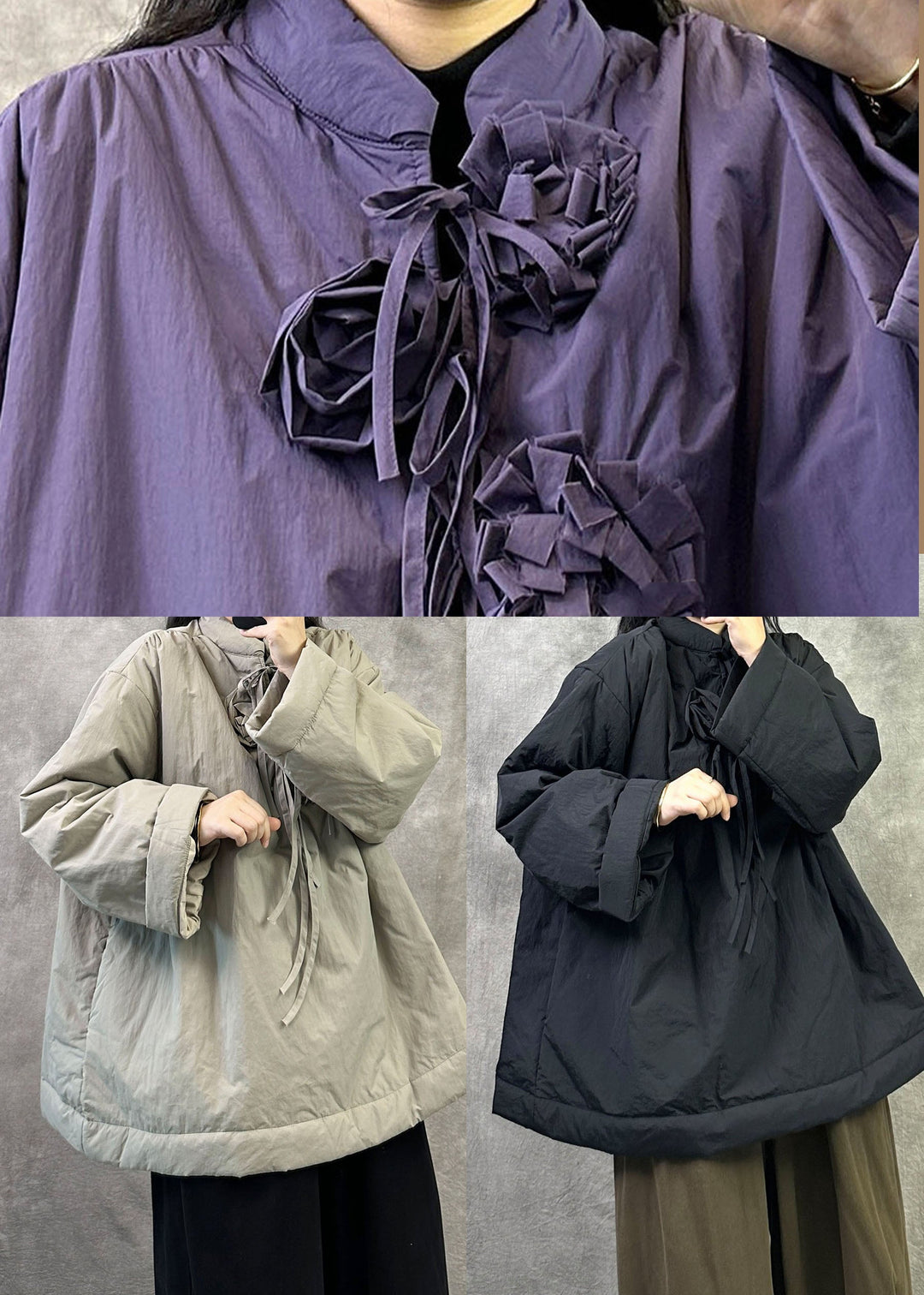 Stylish Black Oversized Floral Fine Cotton Filled Parka Jacket Winter
