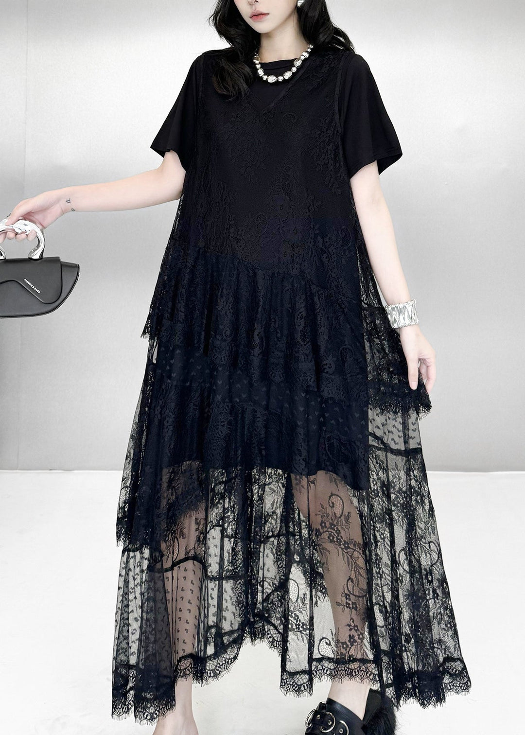 Stylish Black Oversized Lace Long Dress Two Piece Sets Summer