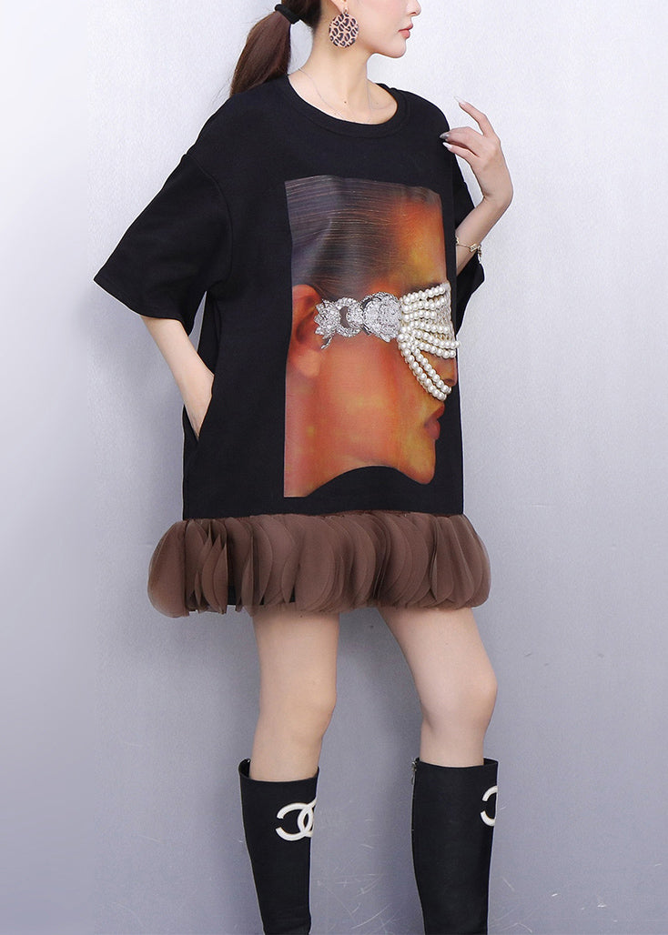 Stylish Black Oversized Patchwork Cotton Mid Dress Summer