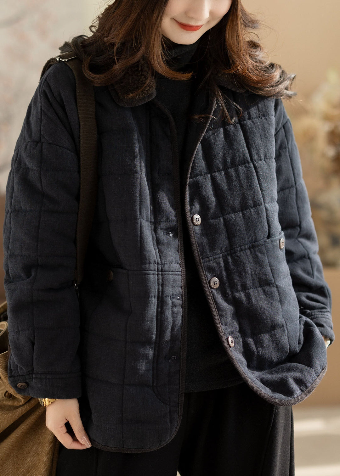 Stylish Black Oversized PocketsPlaid Fine Cotton Filled Coats Winter