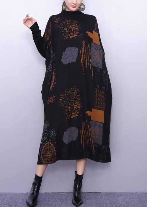 Stylish Black Oversized Print Knitted Dress Winter